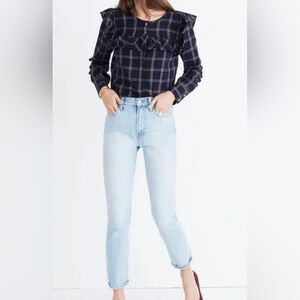 XL Madewell 100% Cotton Berkshire Plaid Ruffle Yoke Button Down Long Sleeve